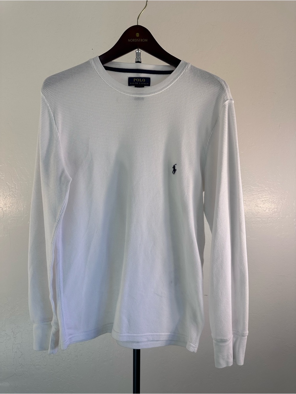 Polo by Ralph Lauren White Long-Sleeve Waffle Knit Tee with Navy Pony